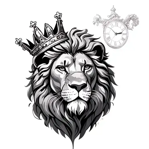 lion with a crown, clock and Greek god tattoo design idea