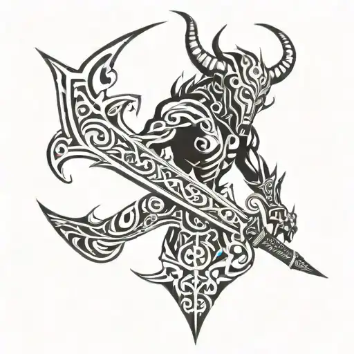demon, sword, fire, tattoo design idea