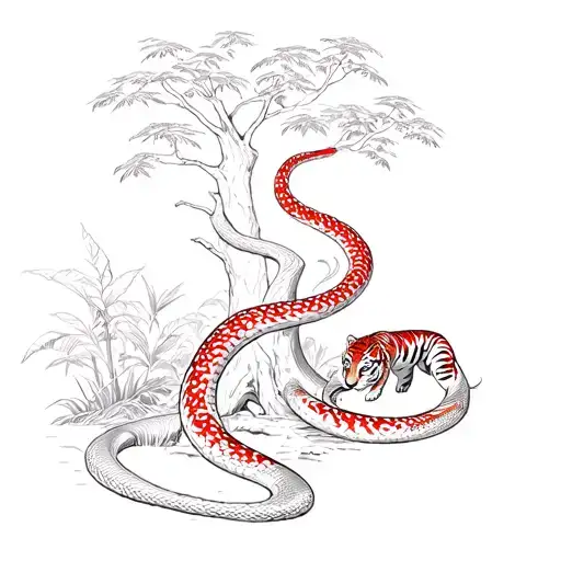 jungle background snake wrapped around a tree and a tiger red and black ink tattoo design idea
