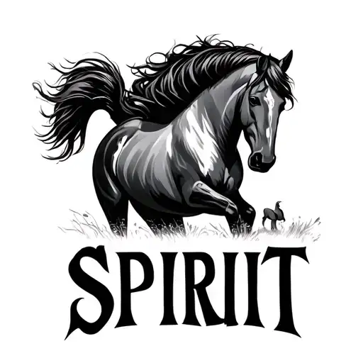 The word "SPIRIT" with defined letters and a small horse for the first I that stays on his back hoves tattoo design idea