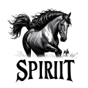 The word "SPIRIT" with defined letters and a small horse for the first I that stays on his back hoves tattoo design idea