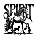 The word "SPIRIT" with defined letters and a small horse for the first I that stays on his back hoves tattoo design idea