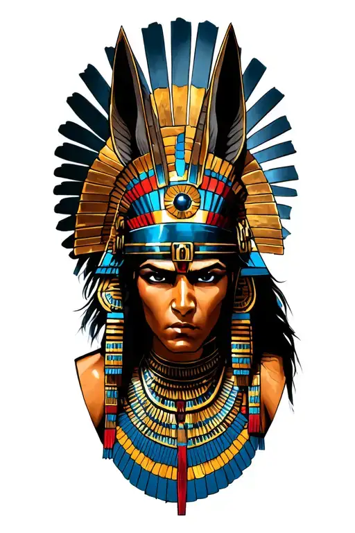 Aztec Warrior With Technology With Egyptian God Anubis, Inka Symbolism, All Seing Eye tattoo design idea