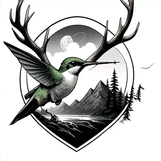 fishing, antlers , mountains, humming bird tattoo design idea