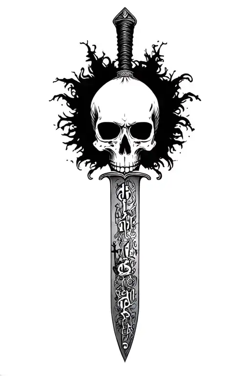 Sharp long dagger with runes shaded skull head text "afro" , sejmitar tattoo design idea