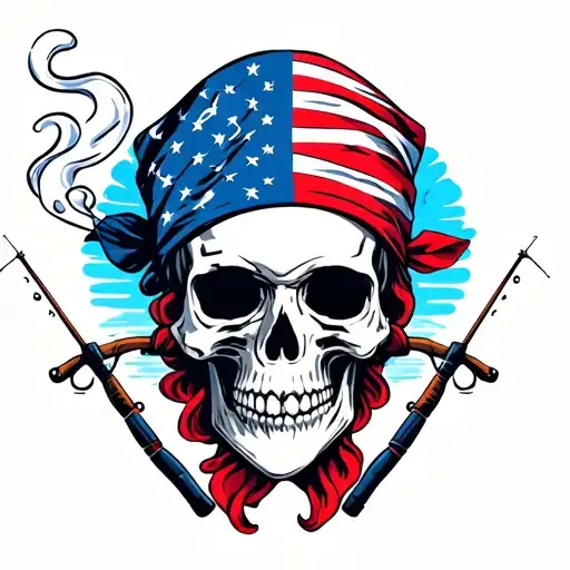 smoking skull with american flag bandana with fishing poles tattoo design idea