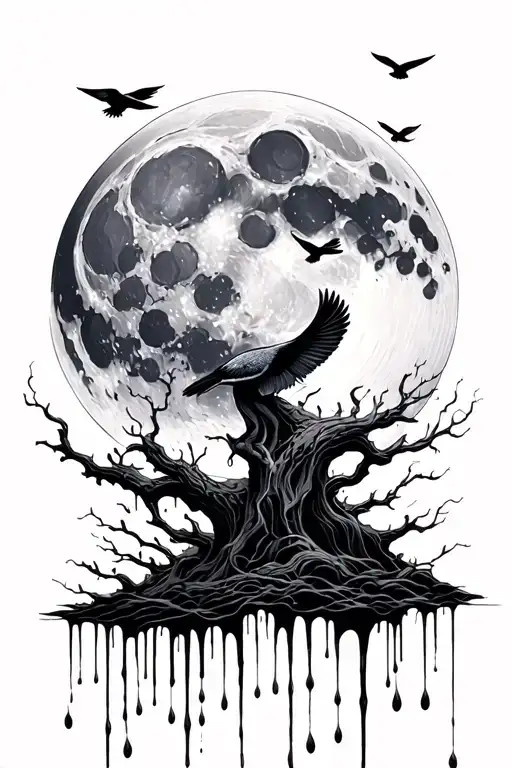moon, dripping with ink and little far away birds flying tattoo design idea