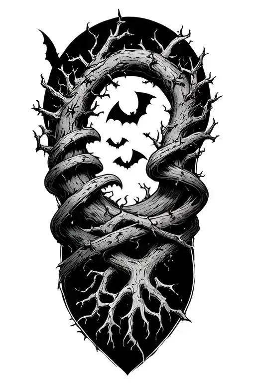 poison tree with thorns lines wrapped around with moon and bats tattoo design idea