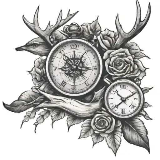 roses, compass, double hand watch, elk antlers, marriage tattoo design idea