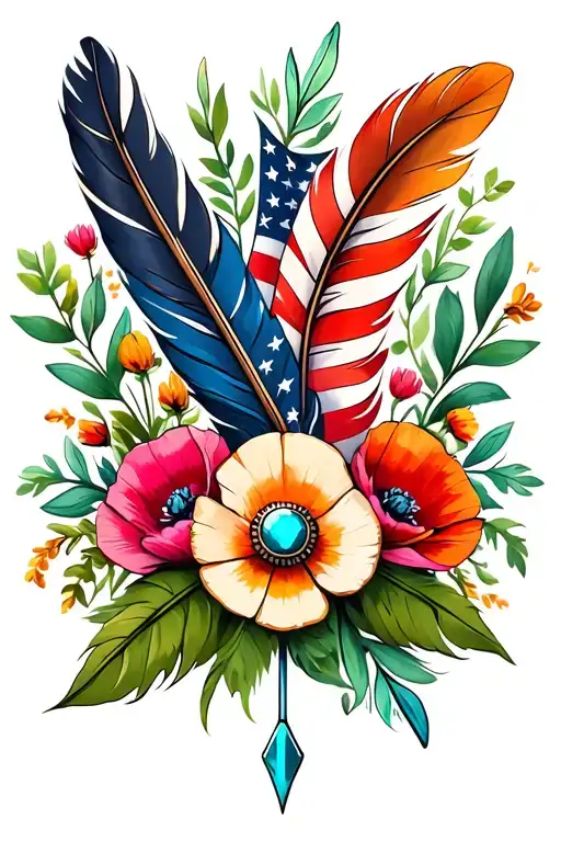 colorful feathers on top and bottom, american flag, poppy flowers, green leaves, western turquoise brooch,   with arrow  tattoo design idea