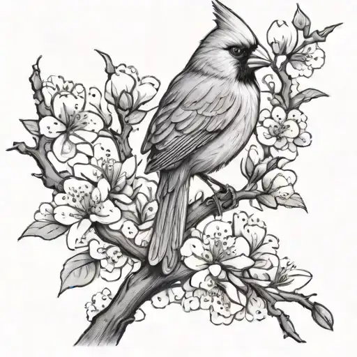 cardinal on cherry blossom branch tattoo design idea