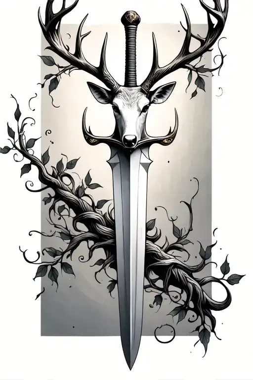 very thin swords wrapped  with deer head handle small leaves running vines tattoo design idea