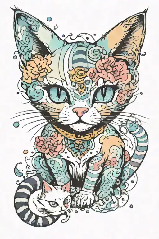 CAT LINE PRINT WITH WATERCOLOUR tattoo design idea