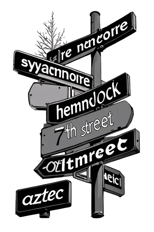 Street sign with the words " sycamore" " hemlock" " 7th street " "aztec"  tattoo design idea