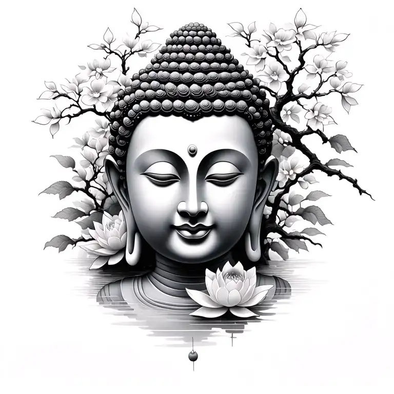 realism buddha image with lotus flower and cherry trees tattoo design idea