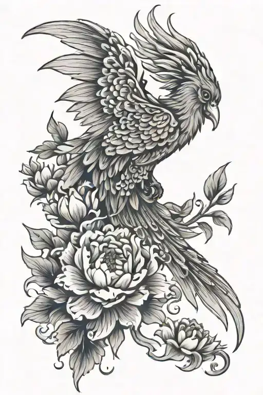 phoenix and peony flowers tattoo design idea
