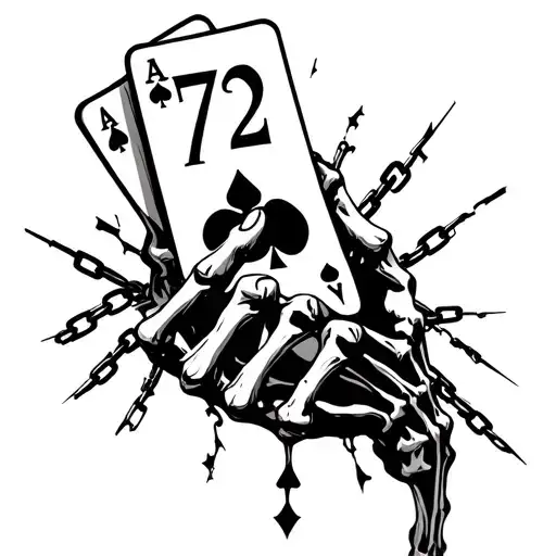 A skeletal or shadowy hand holding the 7♠ 2♦, symbolizing that even a bad hand can lead to survival.Chains breaking in tattoo design idea