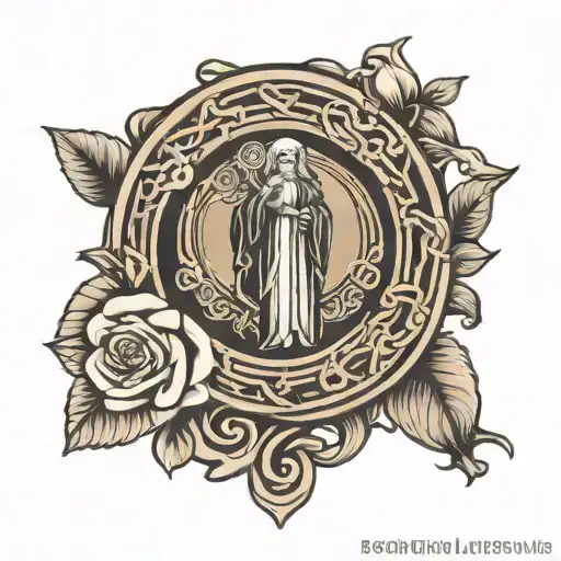saint Benedict medallion with roses  intertwined tattoo design idea