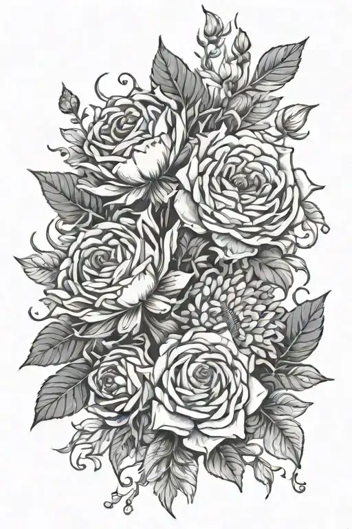rose, 3 daisy, water Lilly, 2 poppy's , aster, chrysanthemum tattoo design idea