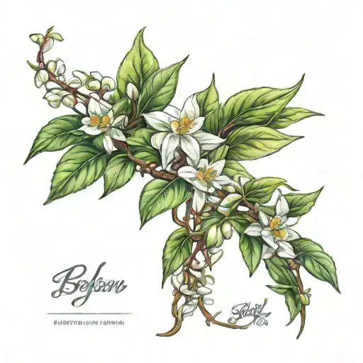 Vertical tattoos on the back of a jasmine plant with the word "Babylon" tattoo design idea