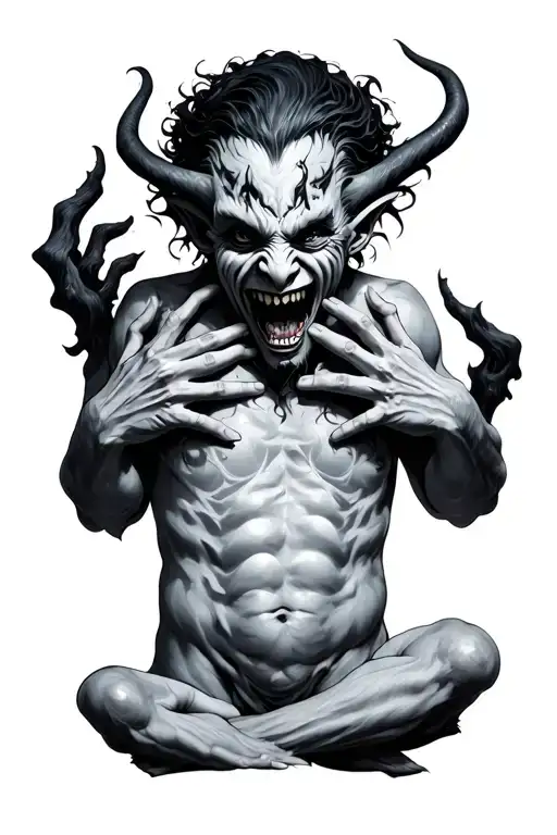 demon on stomach with hands coming around onto face tattoo design idea