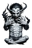 demon on stomach with hands coming around onto face tattoo design idea