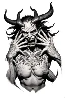 demon on stomach with hands coming around onto face tattoo design idea
