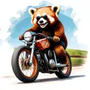 large smiling red panda bear riding a road racing bike wearing sunglasses tattoo design idea