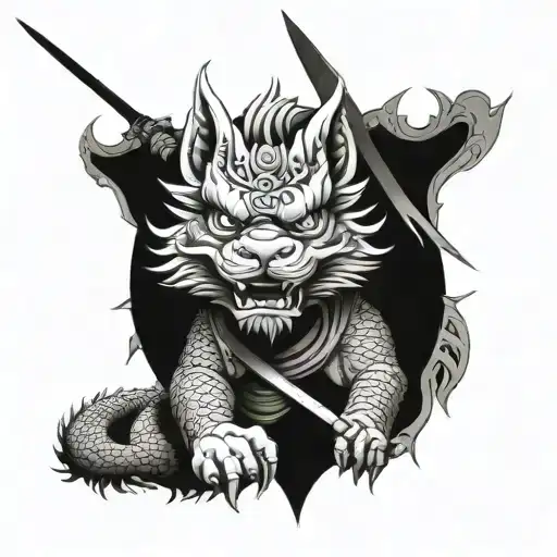 Fu dog head with dragon body wrapped around a sword tattoo design idea