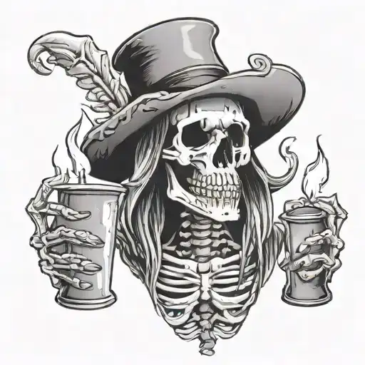A detailed black and grey tattoo of a skeleton wearing a hat and holding a candle, inspired by American Horror Stories The Coven tattoo design idea