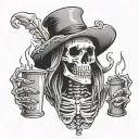 A detailed black and grey tattoo of a skeleton wearing a hat and holding a candle, inspired by American Horror Stories The Coven tattoo design idea