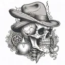 A detailed black and grey tattoo of a skeleton wearing a hat and holding a candle, inspired by American Horror Stories The Coven tattoo design idea