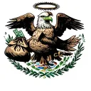 A Mexican flag-inspired design featuring a stylized eagle clutching a bag of money and a bundle of drugs in its talons, with a halo above its head representing divine protection in the world of crime tattoo design idea