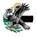 A Mexican flag-inspired design featuring a stylized eagle clutching a bag of money and a bundle of drugs in its talons, with a halo above its head representing divine protection in the world of crime tattoo design idea