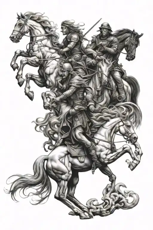 "Create a highly detailed tattoo sleeve design in black and gray, leaning toward blackwork, depicting the Four Horsemen  tattoo design idea