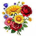 a Calendula, a sparkling chrysanthemum, a morning glory, a red rose, a daisy, and a sweet pea flower tattoo design idea