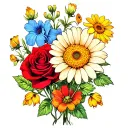 a Calendula, a sparkling chrysanthemum, a morning glory, a red rose, a daisy, and a sweet pea flower tattoo design idea