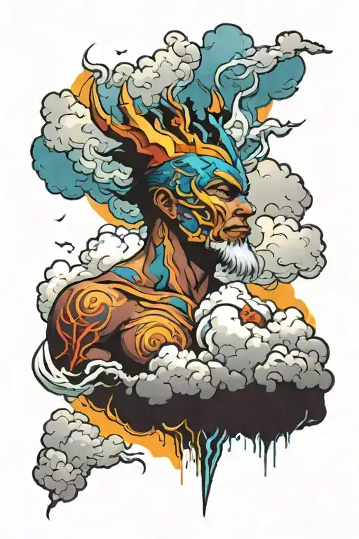 male storm god with clouds and lightning overhead symboliozing power colorful majestic rebirth tattoo design idea