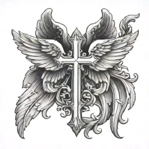 Cross with Angel wings folded tattoo design idea