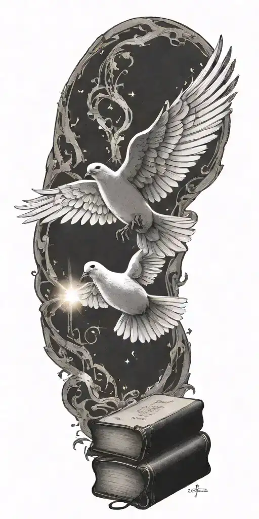 A symbolic tattoo of the Holy Spirit represented as a dove flying out of an open Bible, with rays of light shining through the pages tattoo design idea