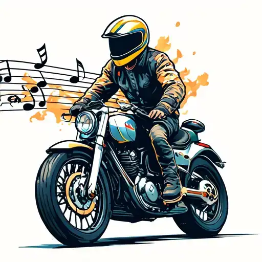 a motorcycle riding on a portable and emitting musical notes from the exhaust tattoo design idea