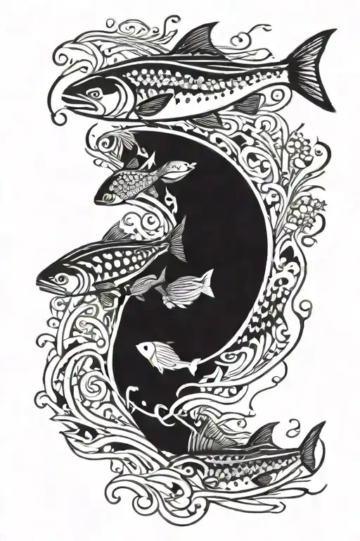 salmon swimming up river with forest and rocks all over and around the water   tattoo design idea