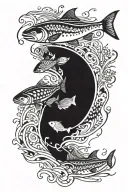 salmon swimming up river with forest and rocks all over and around the water   tattoo design idea