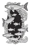 salmon swimming up river with forest and rocks all over and around the water   tattoo design idea