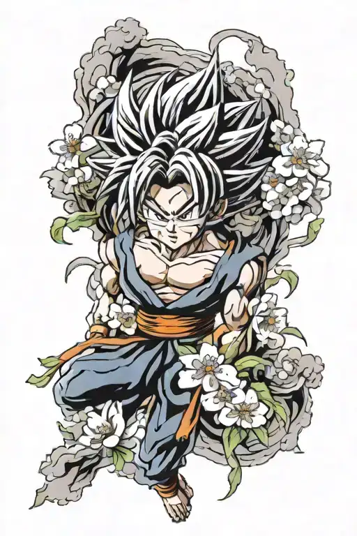 sakura flowers surrounding goku ultra instinct tattoo design idea