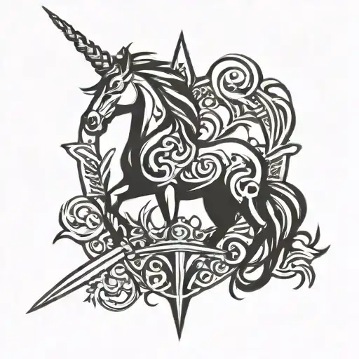 unicorn sword irish crown tattoo design idea