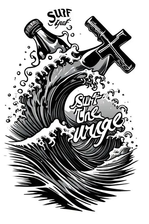 crashing wave with the words "surf the urge" in the wave. Also put a cross crushing a liquor bottle  tattoo design idea
