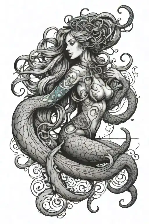 mermaid that has pretty hair and tail with teal in it, an octopus, a compass, and a jellyfish tattoo design idea