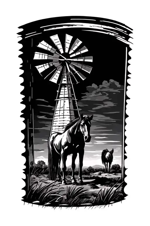 outback australia stockman windmill horse silohette tattoo design idea