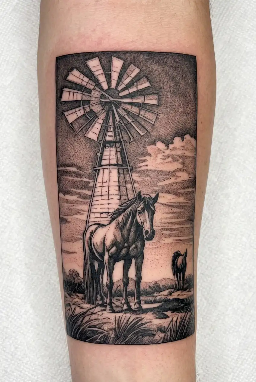 outback australia stockman windmill horse silohette tattoo design idea